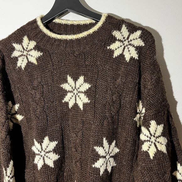 Lands' End Sweaters - Lands End Vintage Wool Snowflake Sweater Womens S Brown Cable Knit Made 90s